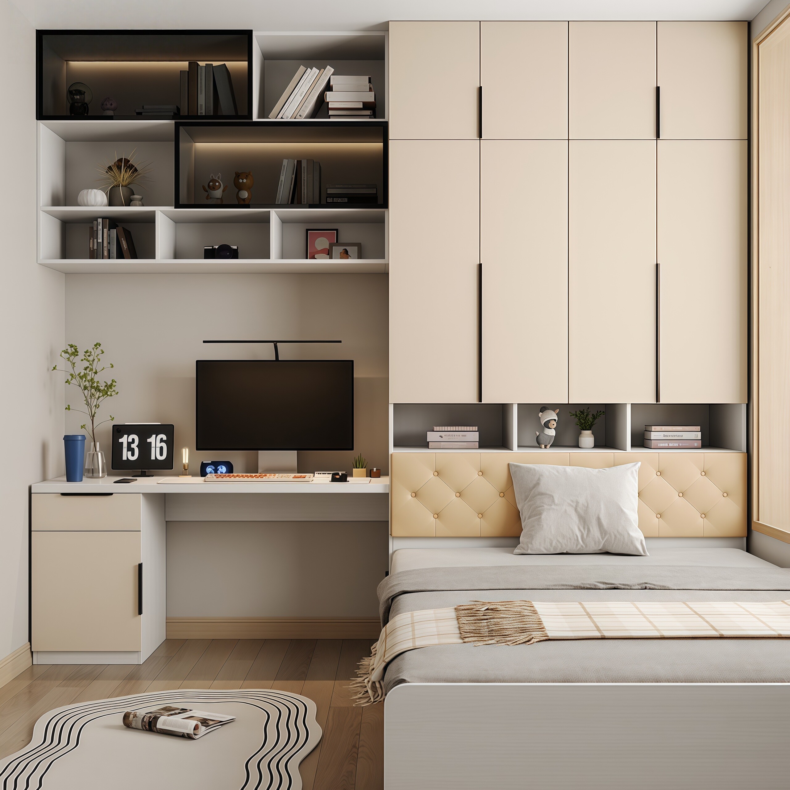 现代简约榻榻米1.2米床书柜衣柜桌组合一体儿童房多功能整体定制