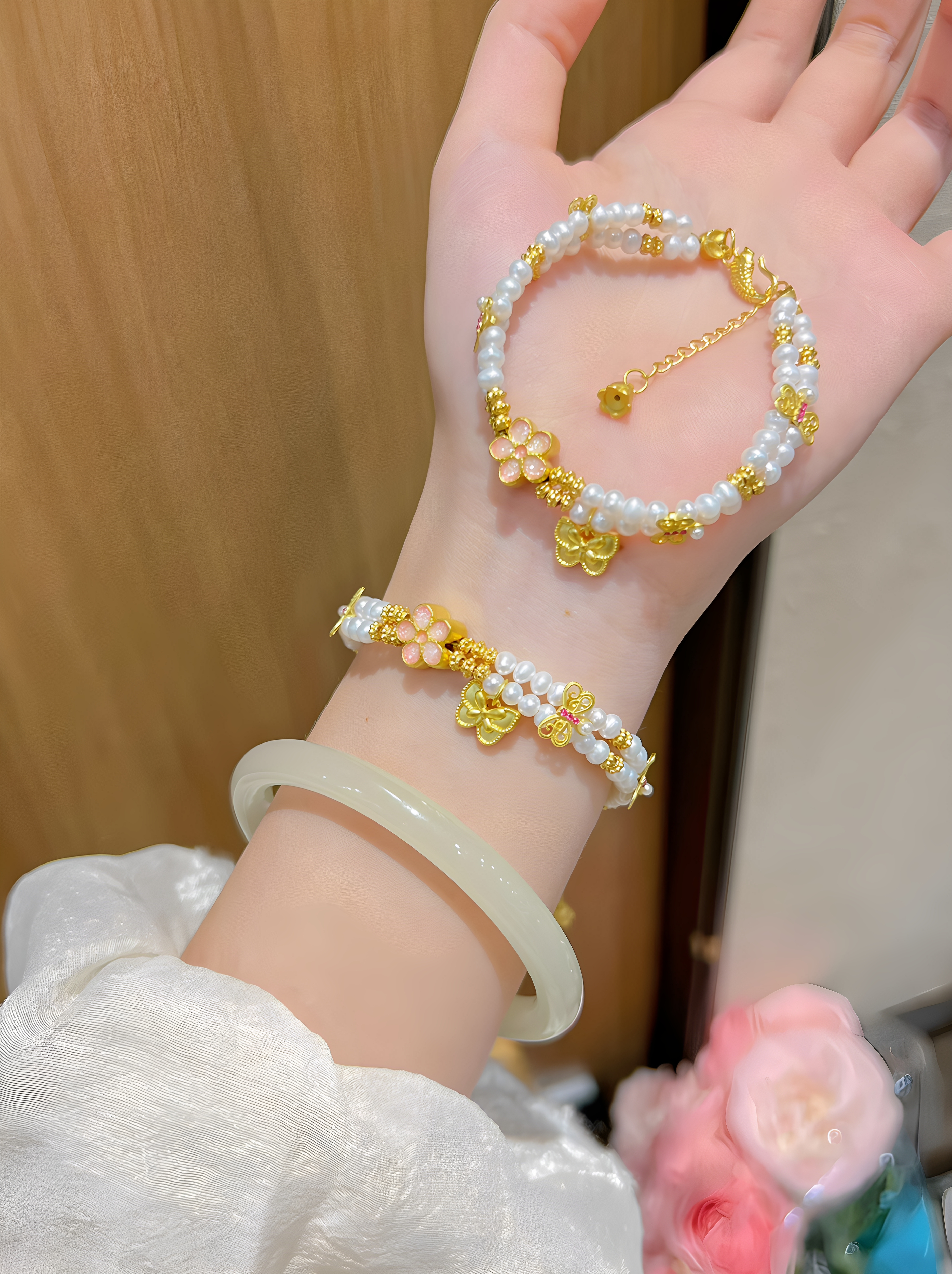 足金蝴蝶手鏈天然珍珠手串生日禮物送女友閨蜜高級(jí)感雙層疊戴顯白