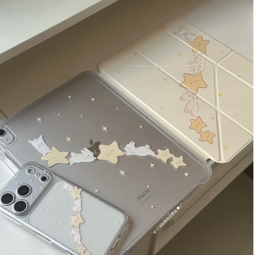 kiki原创/滑轨拆卸拥抱星星兔子适用于ipad保护壳平板保护套亚克力防弯硬Y折书本有笔槽air711英寸mini7笔槽