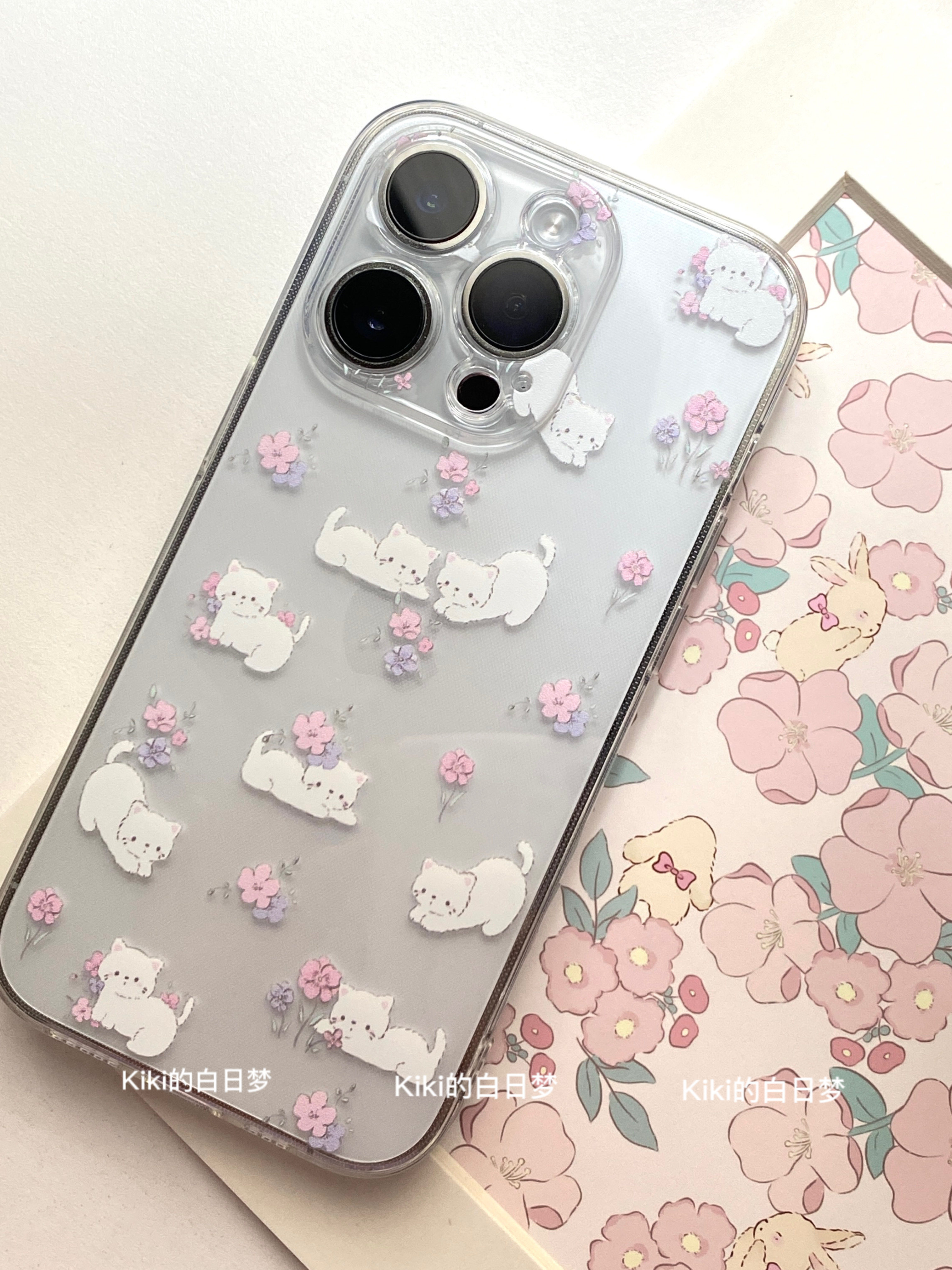 kiki白日梦小碎花粉紫色小猫适用苹果iphone16pro高透