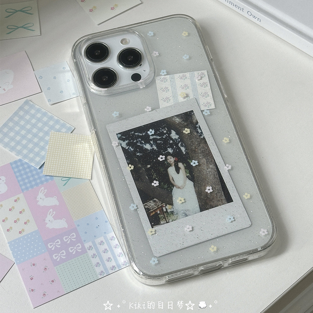 kiki白日梦原创手机壳小雏菊彩色花花粉色星空星星闪粉高透明适用