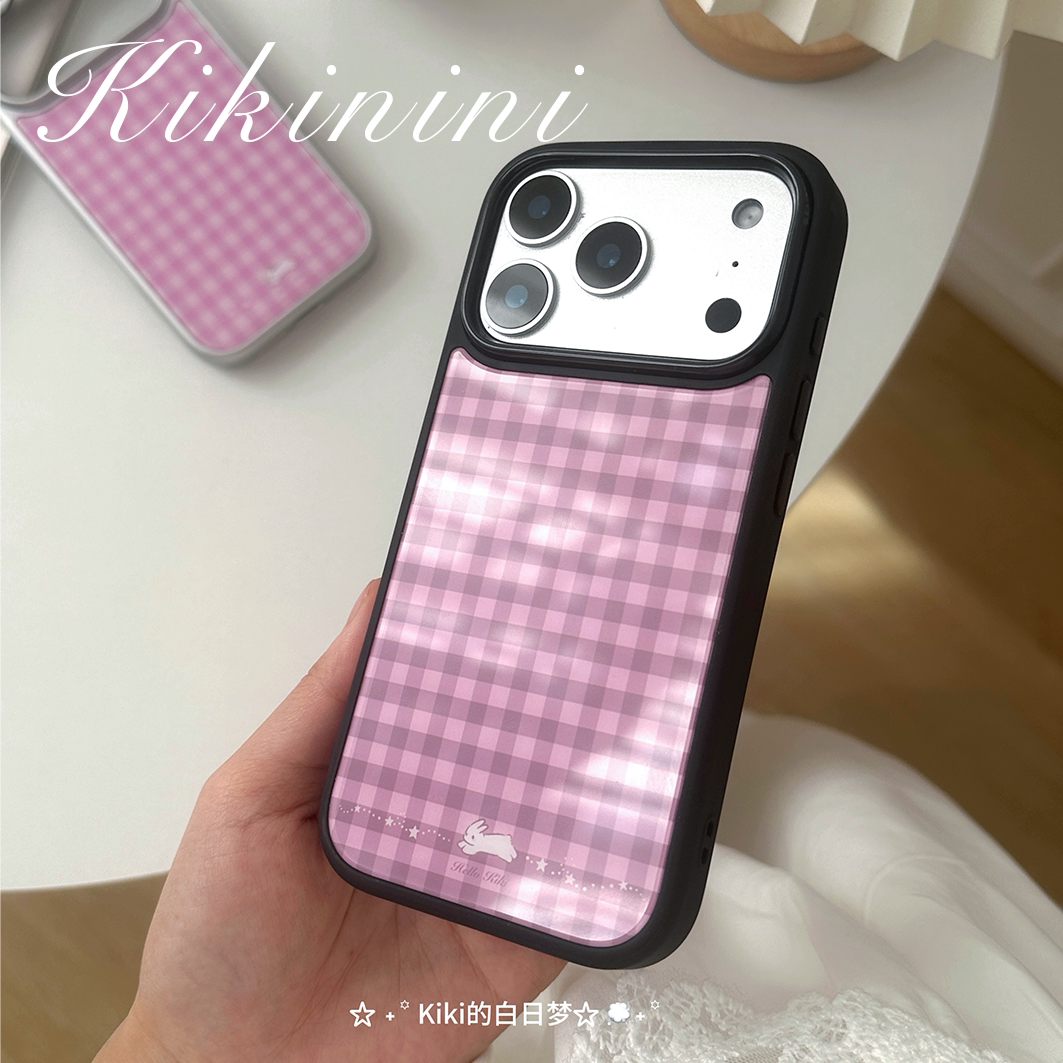 kiki白日梦原创手机壳棕粉色格子兔子星星小众韩系黑边磁吸适用苹果iphone17pro18promax可爱手机包拍照键