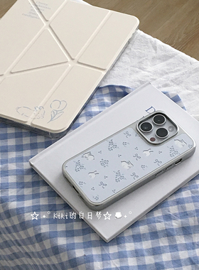 kiki白日梦原创手机壳银边镜面兔子丝带碎花蓝色大孔适用苹果16proiphone1514promax可爱手机软壳硬壳清新
