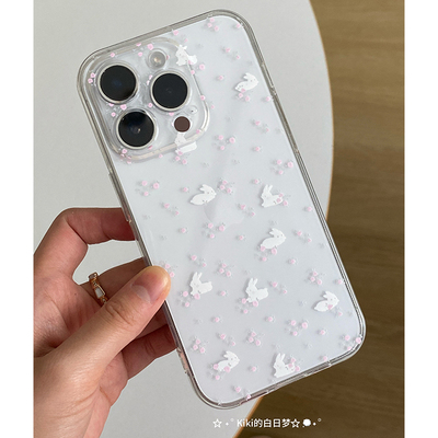 kiki白日梦原创手机壳ins碎花高透明亚克力黑边小兔子森系可爱适用苹果16proiphone1514promax可爱手机软壳