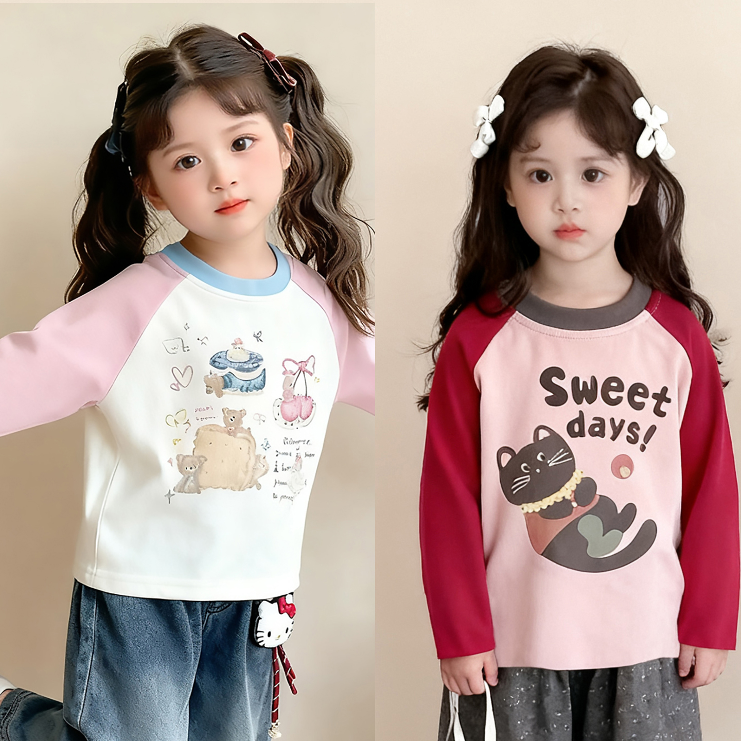 秋冬女童卡通印花撞色肩袖上衣