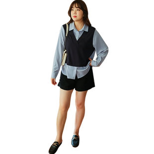 蓝若水大码女装假两件撞色拼接上衣胖MM春季新款宽松时尚藏肉衬衫