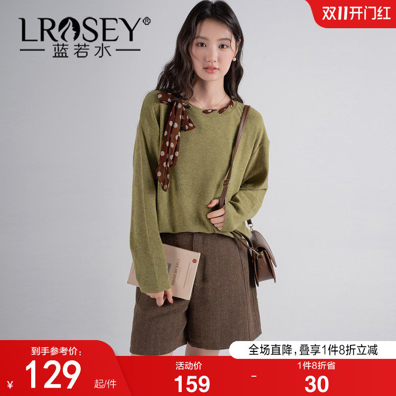 蓝若水大码女装2026秋装新款丝巾绑带圆领针织T恤胖MM复古打底衫