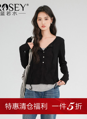 蓝若水大码女装假两件针织衫胖mm春装新款显瘦修身打底衫长袖T恤