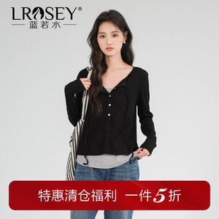 蓝若水大码女装假两件针织衫胖mm春装新款显瘦修身打底衫长袖T恤