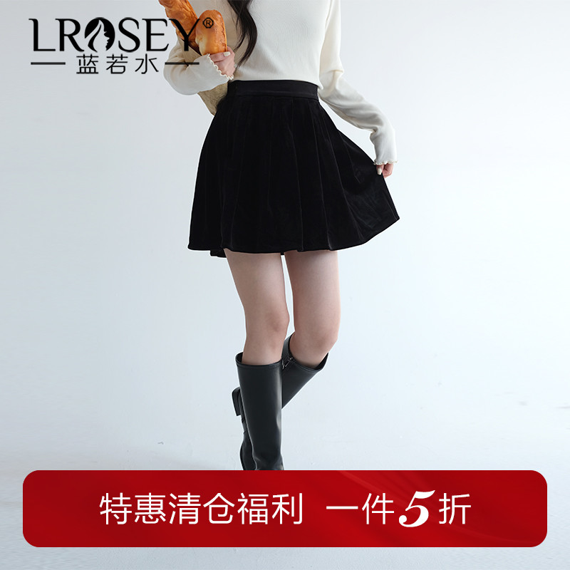 蓝若水高腰百褶裙韩系丝绒短裙