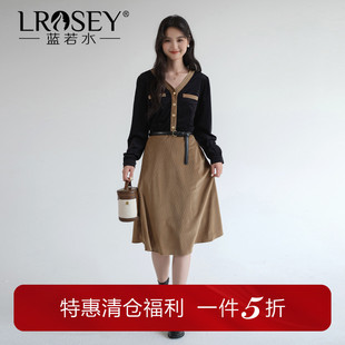 新款 胖MM春装 小香风V领中裙假两件灯芯绒a字连衣裙 女装 蓝若水大码