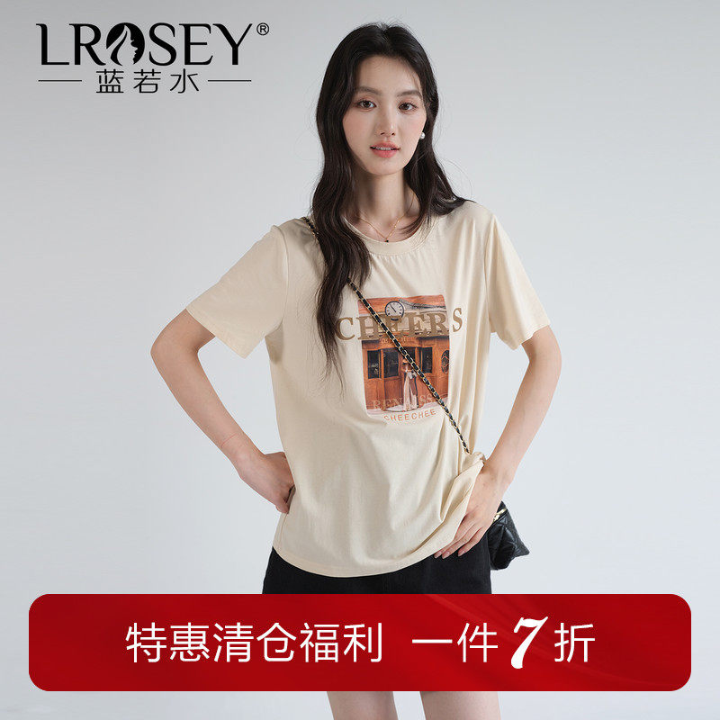 蓝若水大码女装复古港风印花短袖T恤胖mm夏装宽松正肩遮肉上衣