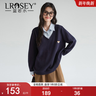 宽松针织衫 蓝若水大码 新款 胖mm假两件条纹翻领学院风卫衣春季 女装