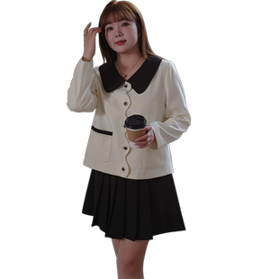 蓝若水大码女装小香风撞色翻领外套胖MM春装法式淑女时尚显瘦上衣