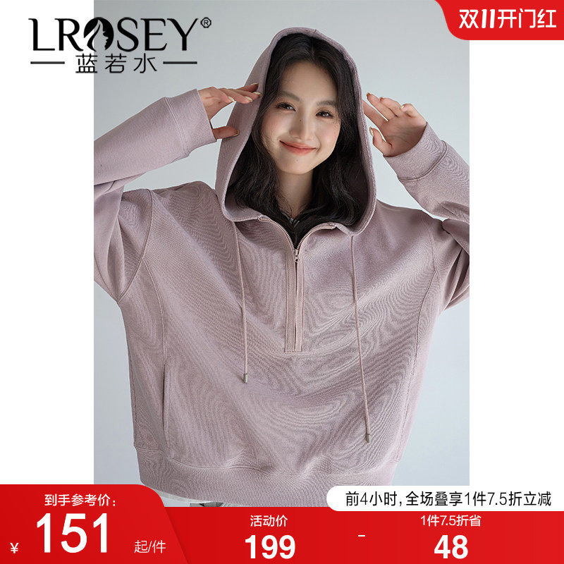 蓝若水大码女装美式半拉链连帽套头卫衣胖mm2026秋装新款慵懒上衣