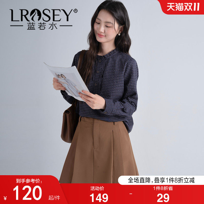 蓝若水大码女装木耳边立领格子衬衫2026秋冬新款胖MM韩版通勤上衣