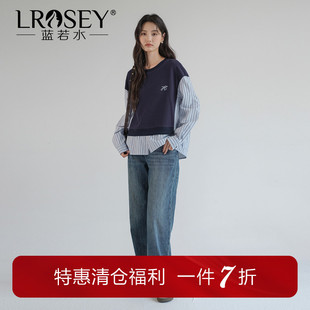 减龄宽松长袖 蓝若水大码 新款 条纹拼接假两件卫衣胖mm春季 上衣 女装