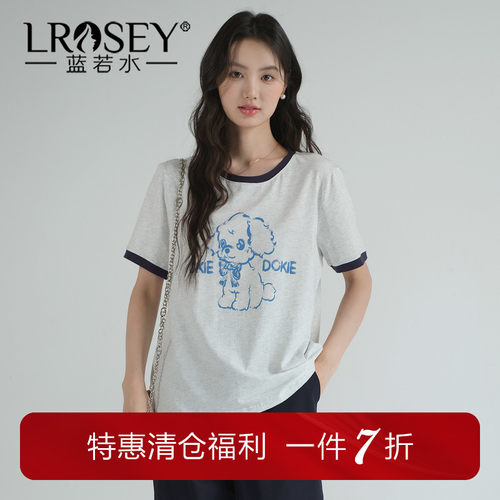 蓝若水复古撞色印花显瘦短袖T恤