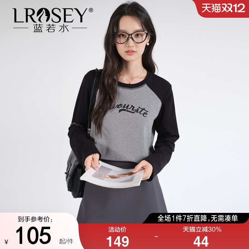 蓝若水美式复古插肩袖T恤上衣