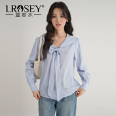 女装 2026春装 新款 蓝若水大码 蝴蝶结海军领条纹衬衫 胖MM学院风上衣