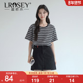 复古短袖 上衣 2026夏装 新款 小香风黑白亮丝条纹T恤 蓝若水大码