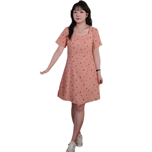 蓝若水大码女装胖mm夏季新品韩系方领甜辣小个子简约格纹连衣裙
