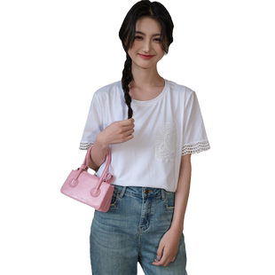 蓝若水大码女装镂空设计感刺绣短袖T恤夏季新品胖mm显瘦高级上衣