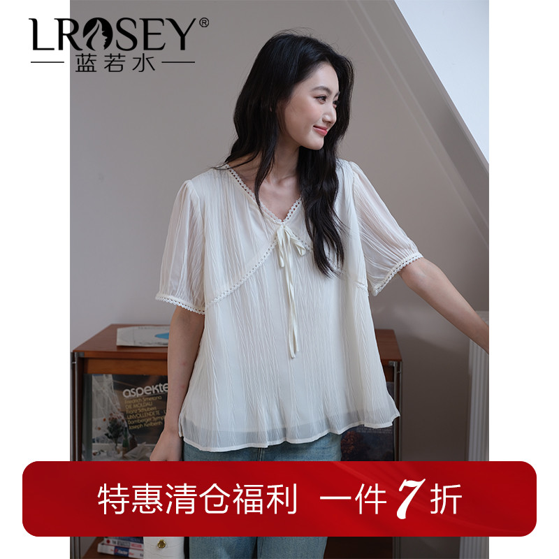 蓝若水大码女装蕾丝花边V领肌理雪纺衫夏季新品胖mm轻奢甜美上衣
