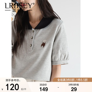 泡泡袖 2025夏新款 珠地棉撞色小翻领POLO衫 刺绣上衣 蓝若水大码