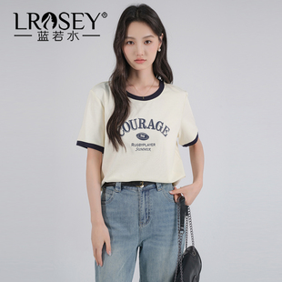 新款 2026夏装 字母印花T恤微胖MM减龄撞色圆领上衣 女装 蓝若水大码