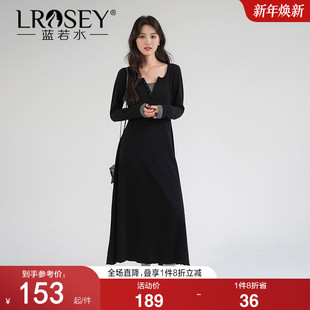 胖mm气质长款 蓝若水大码 v领针织裙2026春新款 修身 打底连衣裙 女装