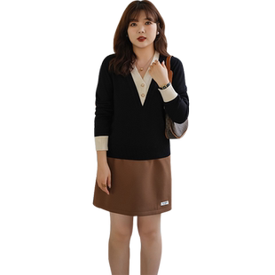 【清仓直降】大码女装假两件v领针织衫微胖mm春装显瘦慵懒毛衣