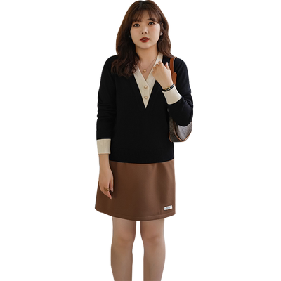 蓝若水大码毛衣假两件针织衫慵懒