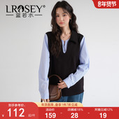 条纹假两件翻领卫衣 蓝若水大码 2026春装 新款 遮肚宽松韩系上衣