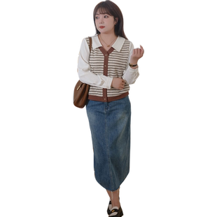 蓝若水大码女装假两件Polo领条纹衬衫胖mm春装新款淑女宽松上衣