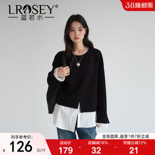 蓝若水大码女装假两件长袖卫衣胖MM春季新款时尚不规则小众上衣