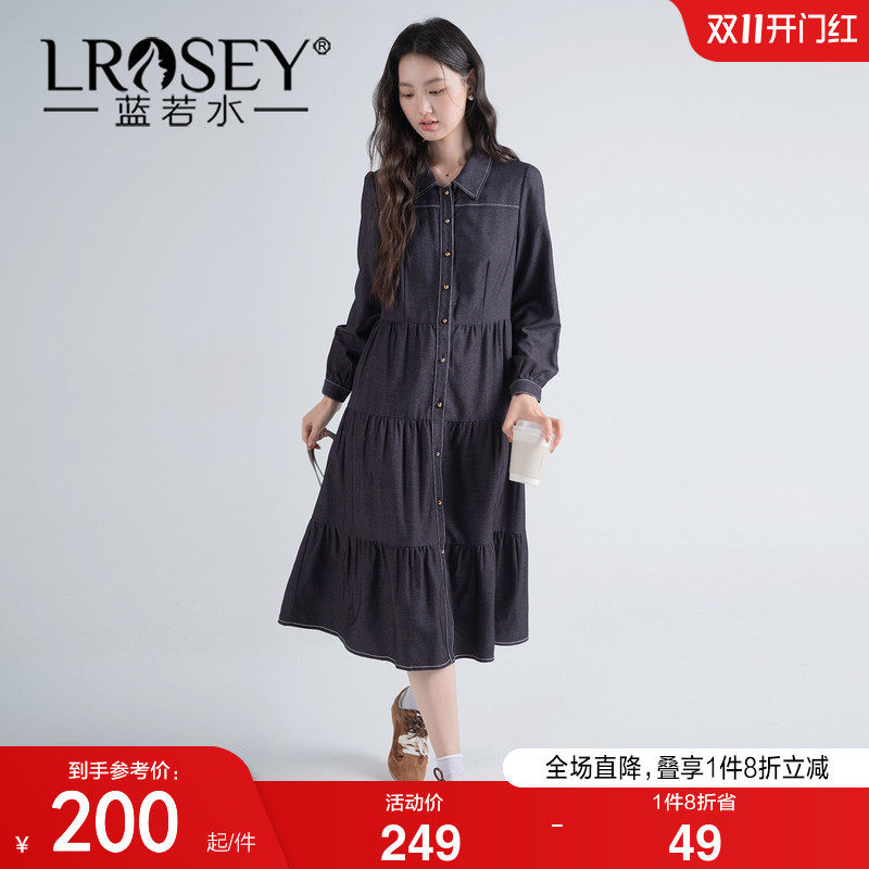 蓝若水大码女装复古仿牛仔衬衫裙2026秋装新款胖MM褶皱拼接连衣裙