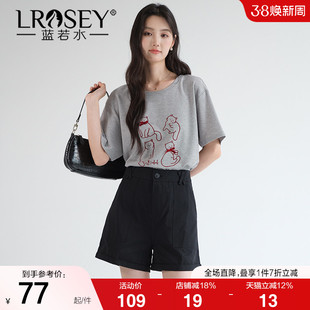 【猫咪刺绣短袖T恤】蓝若水大码2026夏装新款复古减龄遮肚子上衣