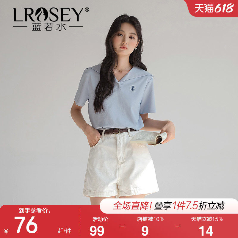 【珠地棉海军领T恤】蓝若水大码2026夏装新款休闲减龄刺绣上衣女