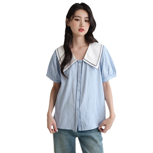 蓝若水大码女装双层海军领条纹短袖衬衫胖mm夏季新品显瘦减龄上衣