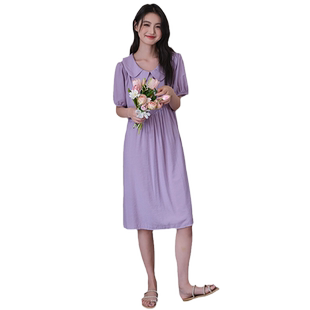 蓝若水大码女装双层娃娃领法式长裙胖mm夏装淑女甜美连衣裙