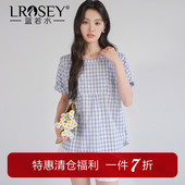 盐系穿搭减龄蓝白格纹衬衫 蓝若水大码 夏装 新款 学院风圆领上衣