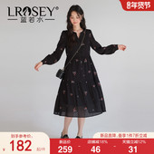 新款 显瘦复古雪纺a字裙 蓝若水大码 2026春装 法式 V领绣花连衣裙