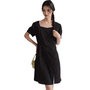 蓝若水大码女装新中式盘扣国风连衣裙胖mm夏装显瘦方领长裙