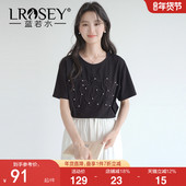 蓝若水大码 设计感钉珠字母刺绣T恤胖MM复古上衣 新款 女装 2026夏季