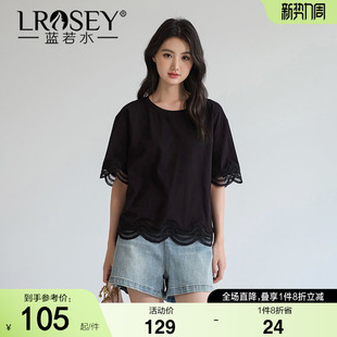 新品 蓝若水大码 T恤夏季 镂空蕾丝拼接短袖 胖mm显瘦设计感上衣 女装