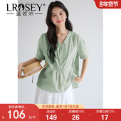 新款 简约气质抽褶上衣 蓝若水大码 2026夏装 田园风法式 V领衬衫