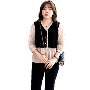 蓝若水大码女装假两件V领雪纺衫胖mm夏装压褶洋气减龄巨显瘦上衣