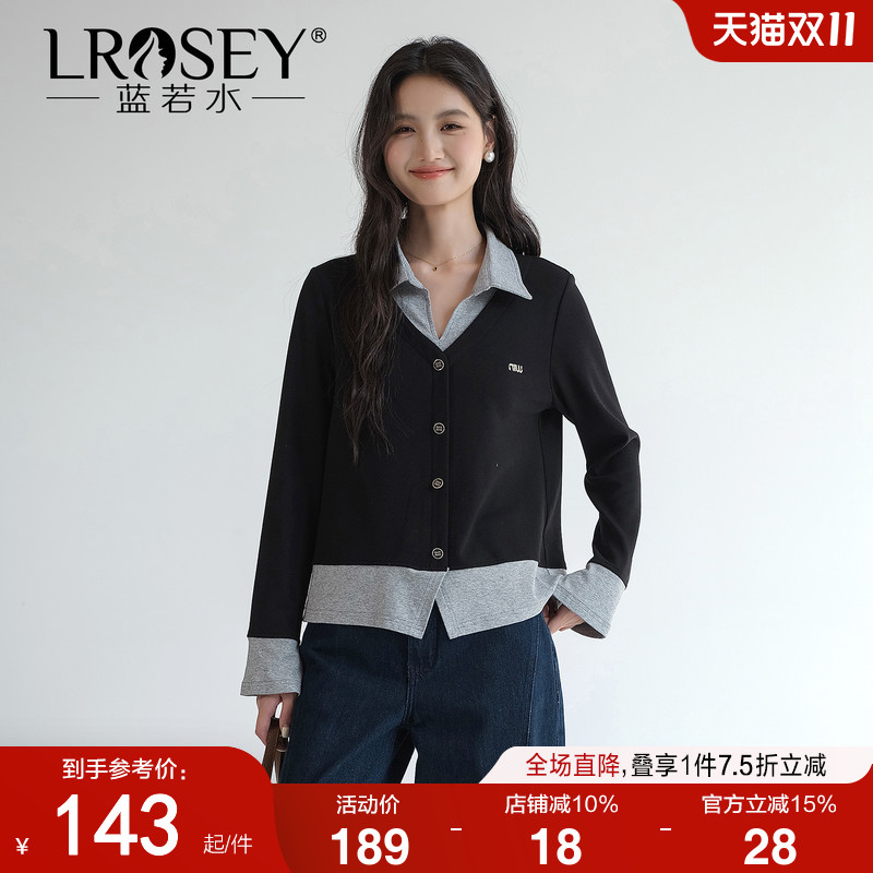 蓝若水假两件翻领上衣显瘦别致
