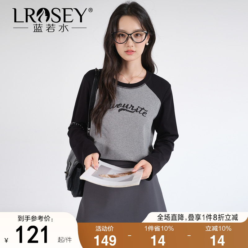 蓝若水美式复古插肩袖T恤上衣